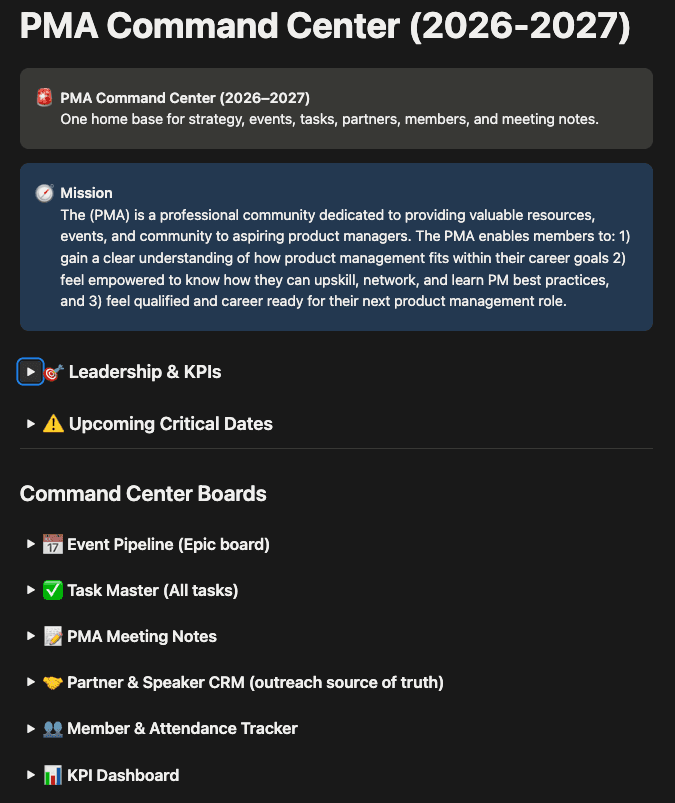 Notion page titled PMA Command Center listing the club mission and command-center boards