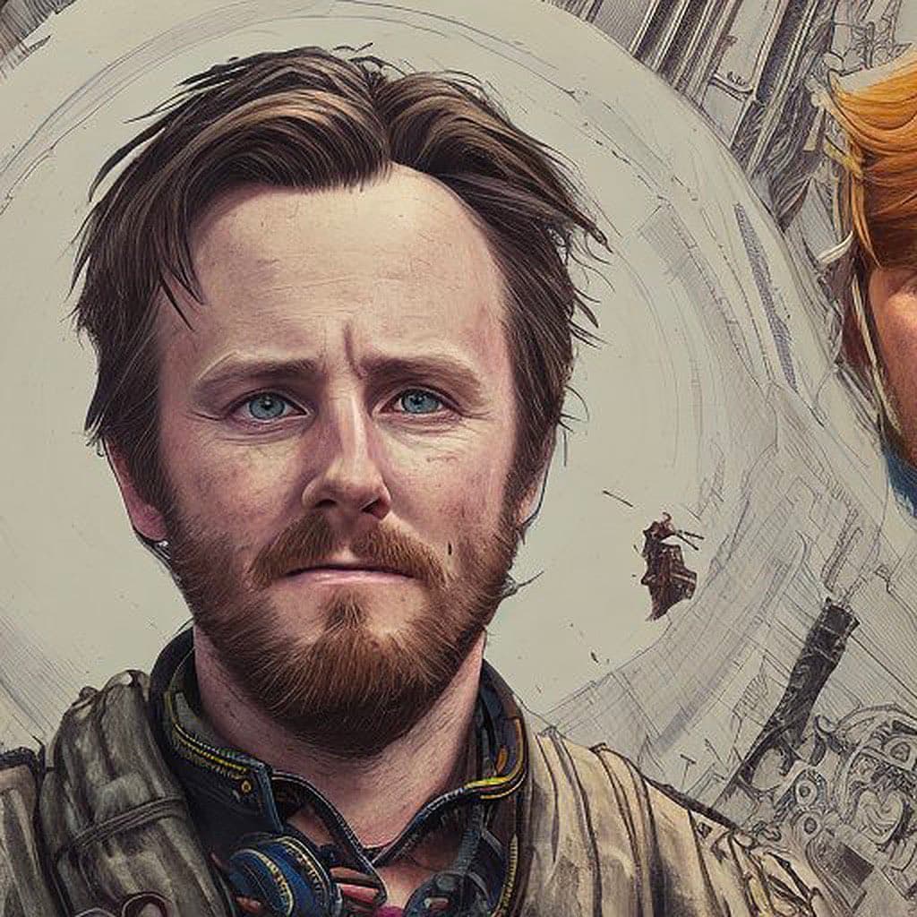 Illustrated portrait of a bearded man with a detailed sci-fi cityscape behind him